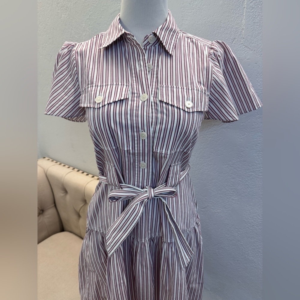 DEREK LAM 10 CROSBY Pei Striped Cotton Mini Shirtdress Color: RED MULTI 2 - Picture 3 of 12